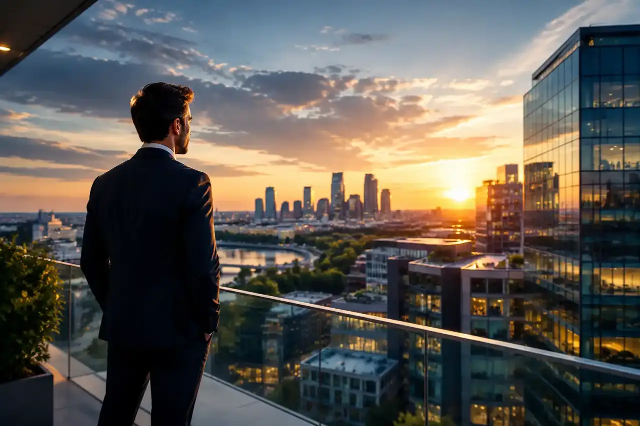 Immeuble de bureaux contemporain en verre dans une lumière dorée