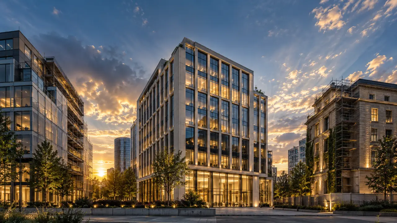 Immeuble de bureaux contemporain à l'heure dorée, symbole de l'investissement immobilier premium