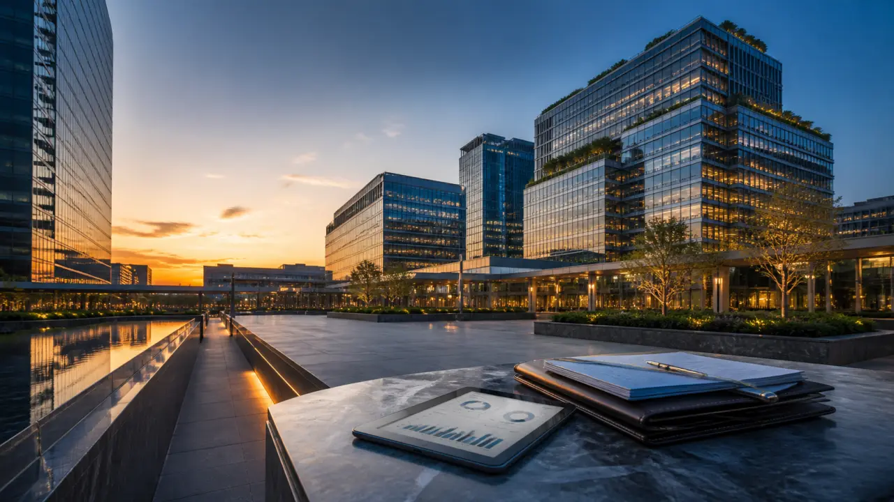 Immeuble de bureaux moderne en verre à l'heure dorée, symbole de stabilité et d'investissement immobilier premium
