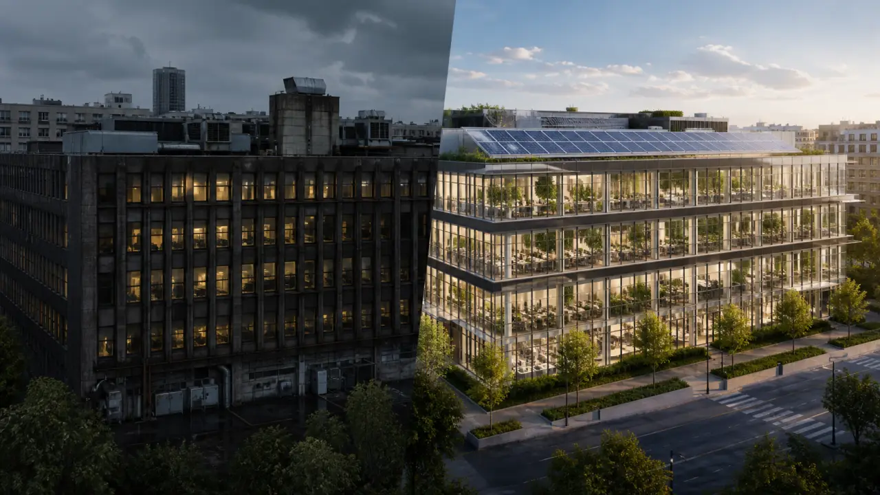 Immeuble de bureaux moderne en verre au coucher du soleil