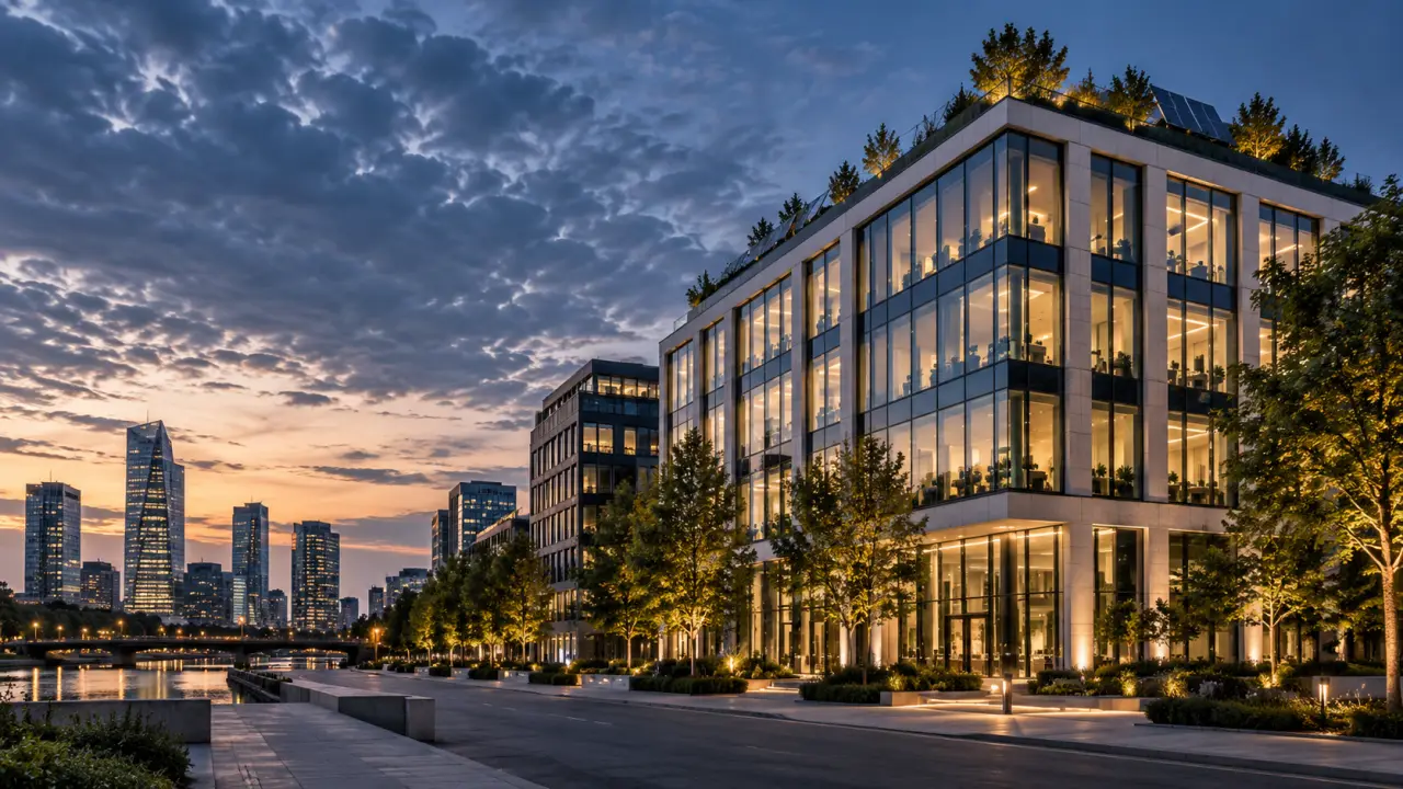 Immeuble de bureaux contemporain en verre à l'heure dorée