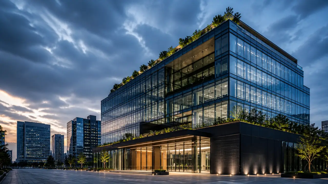 Immeuble de bureaux moderne en verre au crépuscule