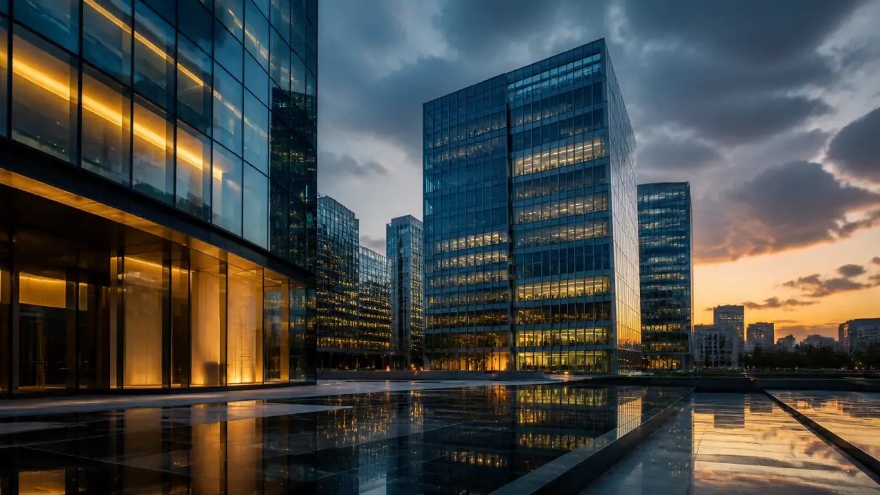 Une photographie grand angle époustouflante d'un immeuble de bureaux moderne en verre à l'heure dorée, reflétant un coucher de soleil chaleureux, évoquant la richesse, la stabilité et l'investissement immobilier haut de gamme.