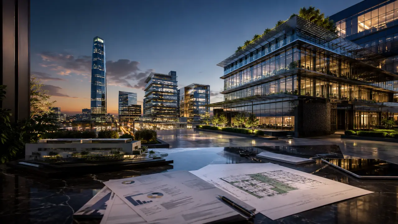 Immeuble de bureaux moderne en verre au coucher du soleil
