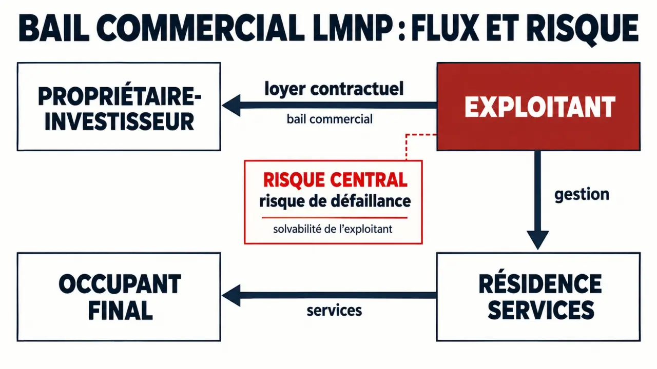 Schéma du bail commercial LMNP entre propriétaire, exploitant, résidence services et occupant