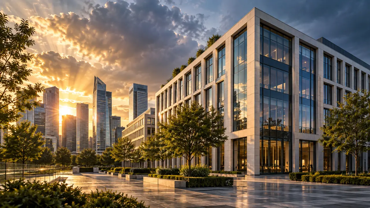Immeuble de bureaux contemporain en verre à l'heure dorée