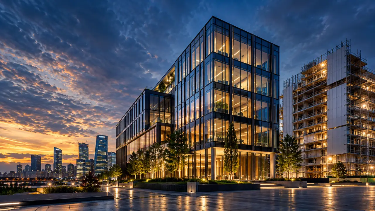 Immeuble de bureaux contemporain en verre au coucher du soleil