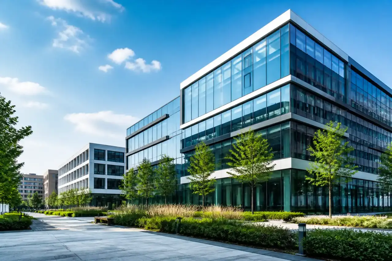 Immeuble de bureaux moderne en verre à l'heure dorée, symbole de solidité et de prestige