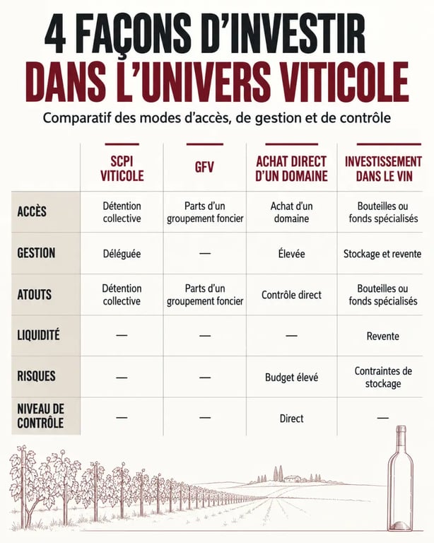 Infographie comparative d’une SCPI viticole, d’un GFV, de l’achat direct et de l’investissement dans le vin