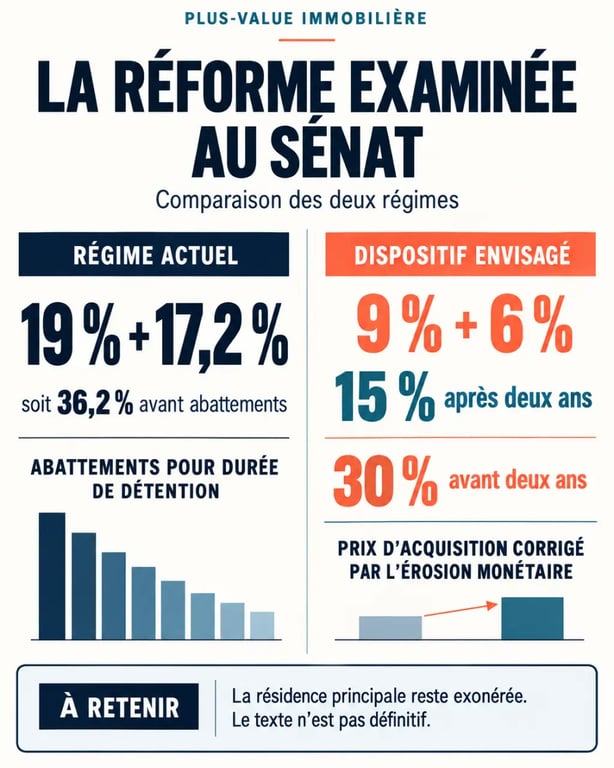 Infographie sur la réforme de la plus-value immobilière au Sénat, entre abattements actuels et érosion monétaire envisagée
