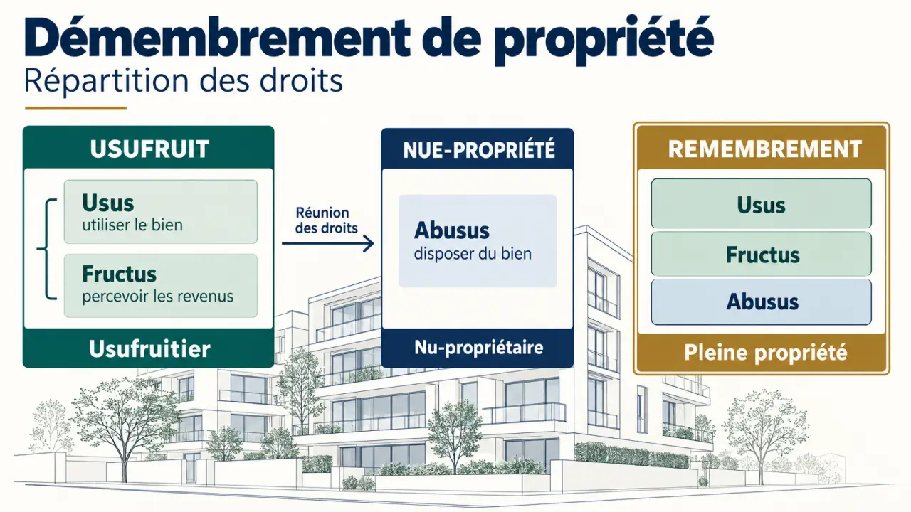 Nue propriété définition : schéma comparatif entre usufruit, nue-propriété et pleine propriété