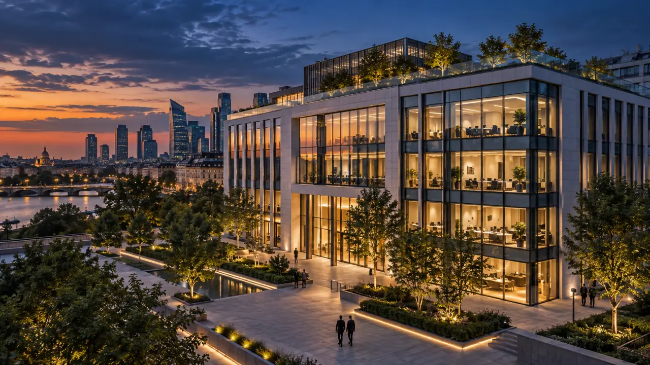 Immeuble tertiaire contemporain en verre dans un quartier d'affaires