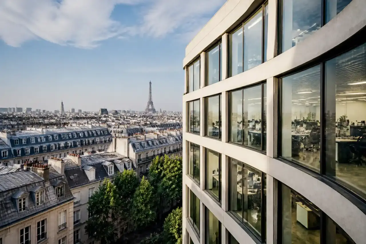 Immeuble tertiaire moderne à Paris au crépuscule