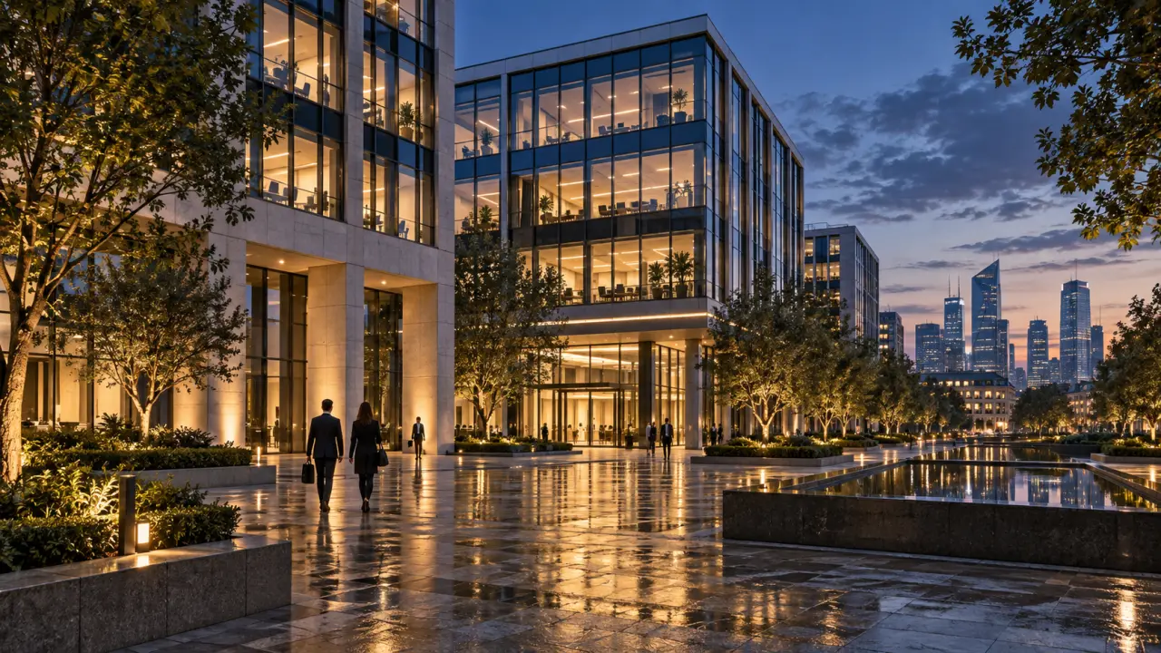 Immeuble de bureaux contemporain en verre dans un quartier d'affaires
