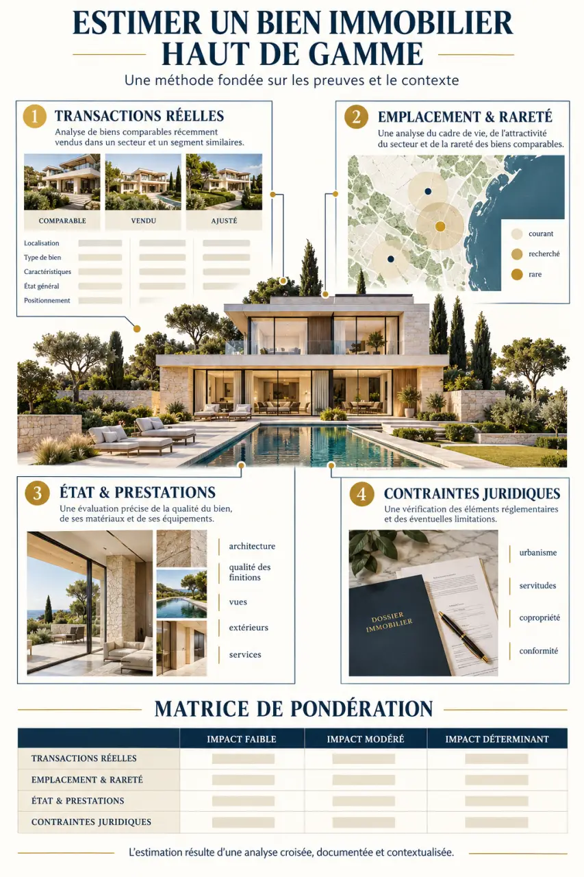 Infographie pour estimer un bien immobilier haut de gamme selon les transactions, la rareté, les prestations et les contraintes juridiques
