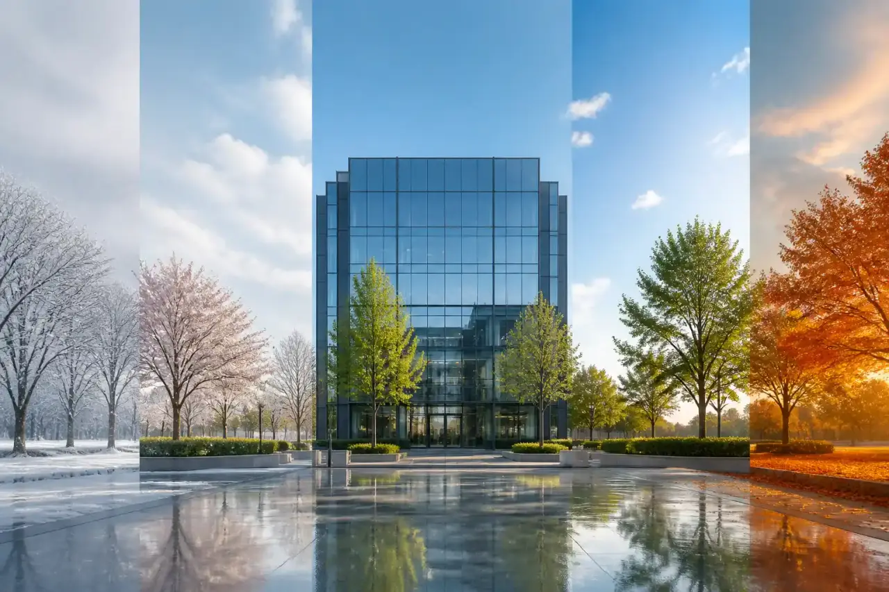 Immeuble de bureaux moderne en verre à l'heure dorée