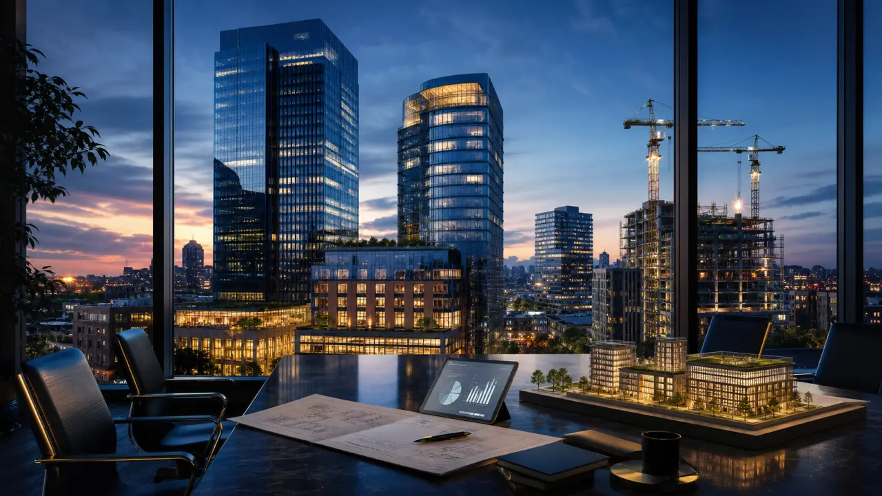 Immeuble de bureaux moderne en verre au coucher du soleil