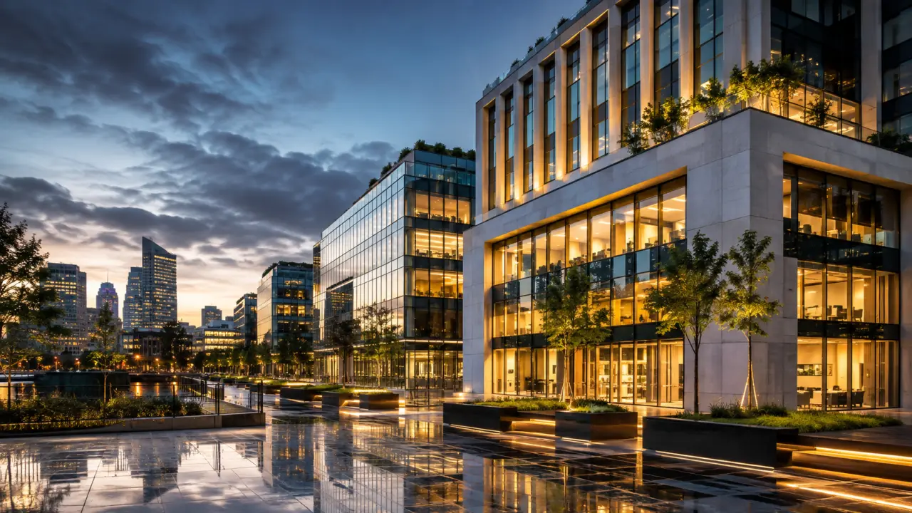 Immeuble de bureaux moderne en verre à l'heure dorée, symbole de stabilité et d'investissement premium
