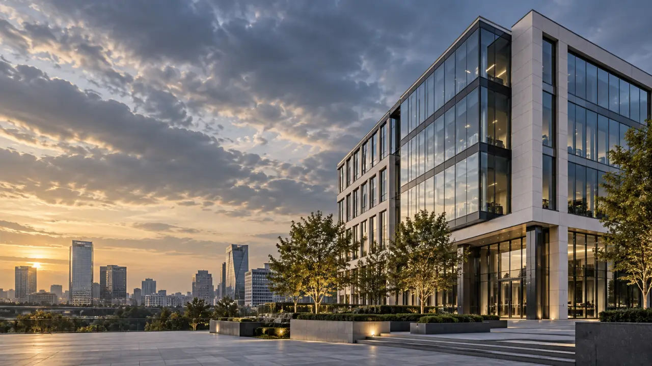 Immeuble de bureaux moderne en verre dans une lumière dorée
