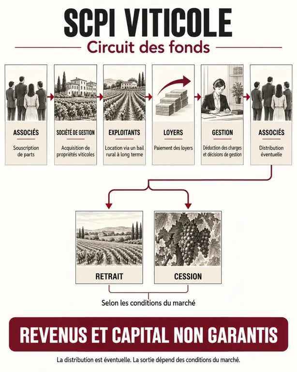 Schéma du fonctionnement d’une SCPI viticole, de la souscription à la distribution des revenus